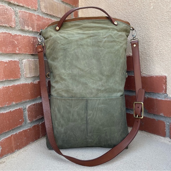 Handmade Convertible Waxed Canvas Tote with Leather Strap in Avocado Green - Picture 3 of 11